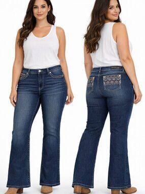 NWT Stitch Star Bootcut Jeans Dark Wash Embroidered Pockets 18W